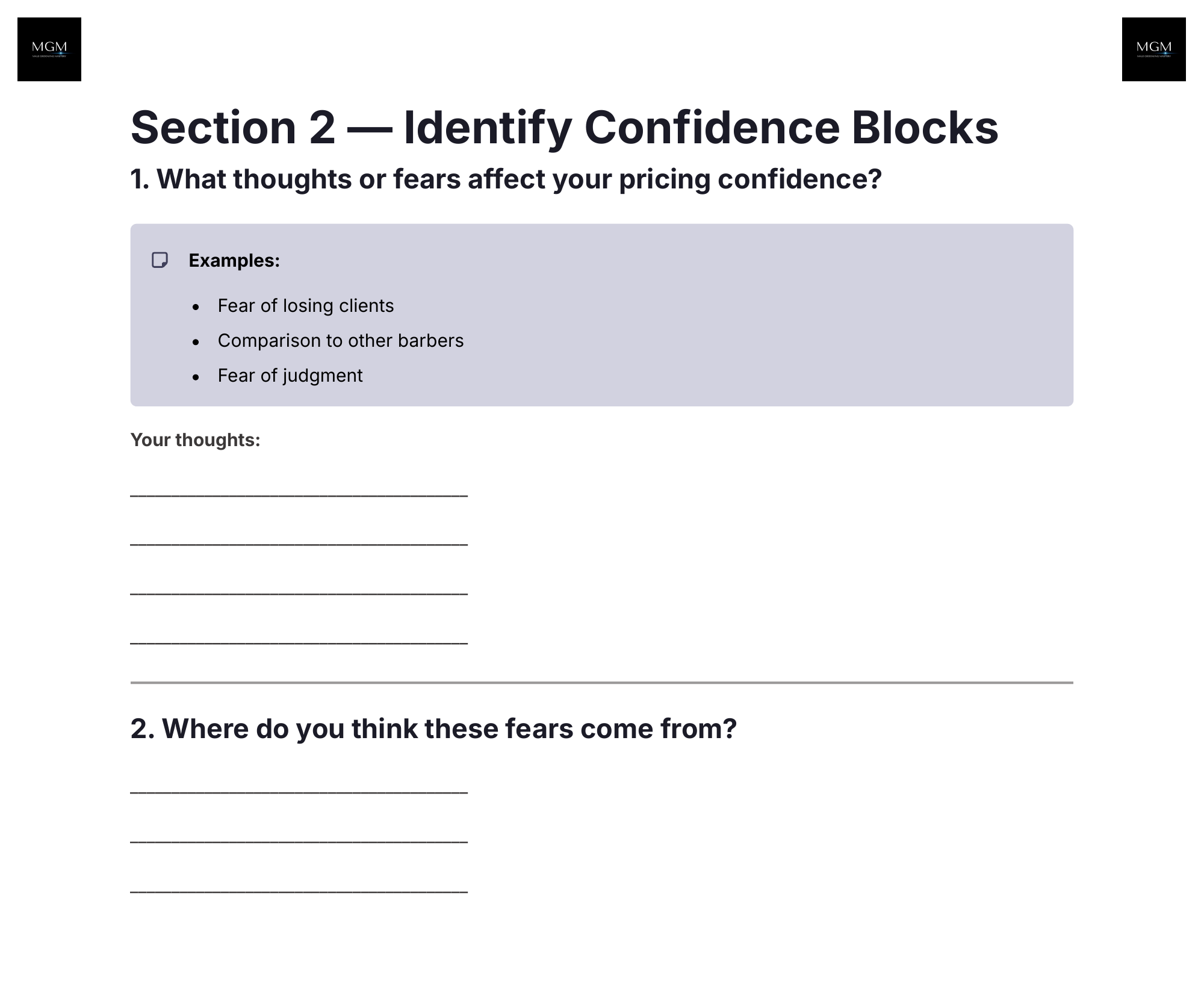 A worksheet page from the Pricing Confidence Builder, showing exercises to identify confidence blocks